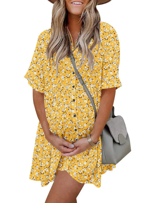 Women's Casual Boho Print Button Front Babydoll Dress