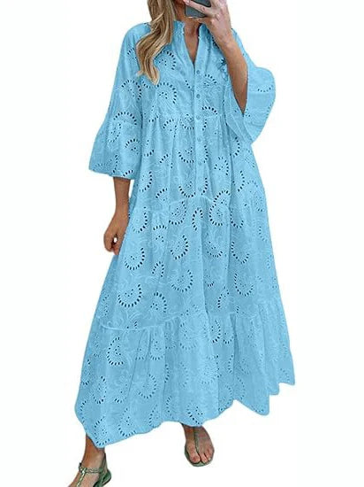 Women's 2026 Solid Color Lace Eyelet Maxi Dress with Pockets