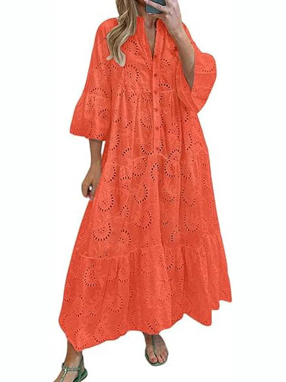 Women's 2026 Solid Color Lace Eyelet Maxi Dress with Pockets