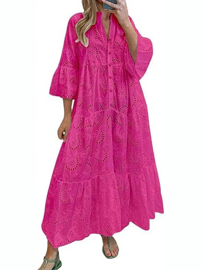 Women's 2026 Solid Color Lace Eyelet Maxi Dress with Pockets