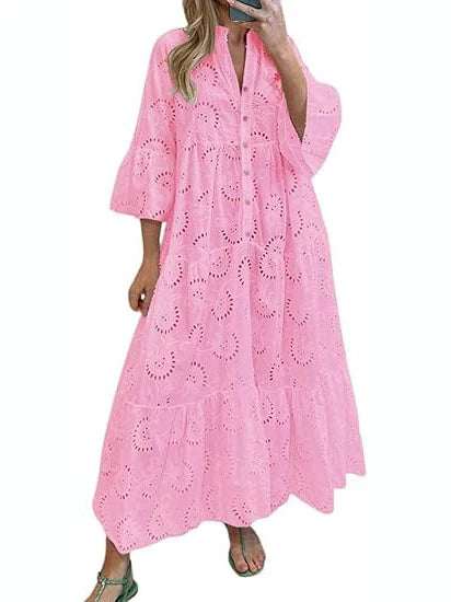 Women's 2026 Solid Color Lace Eyelet Maxi Dress with Pockets