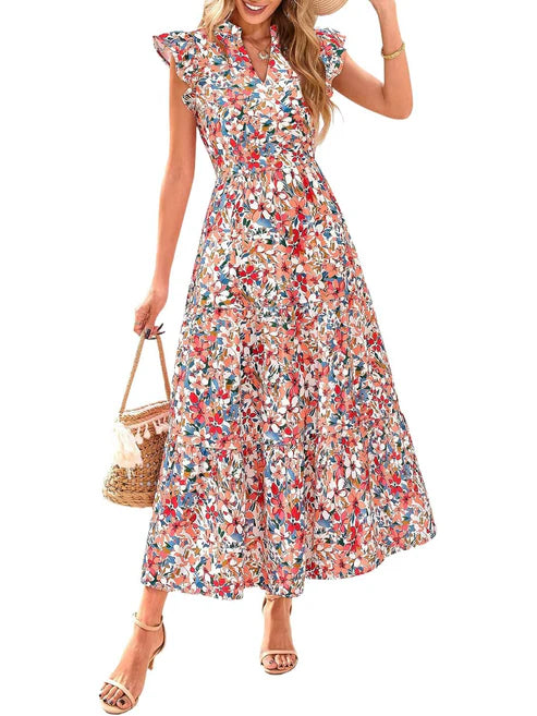 Women's Boho Casual Print V Neck Ruffle Maxi Dress