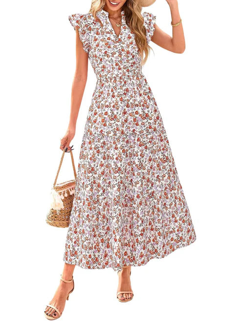 Women's Boho Casual Print V Neck Ruffle Maxi Dress