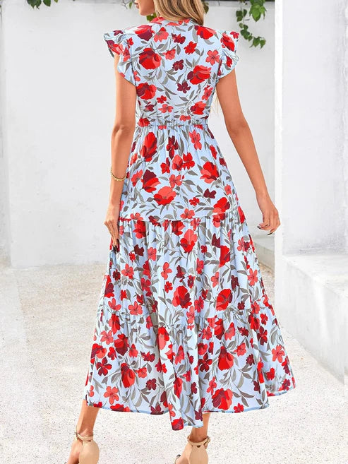 Women's Boho Casual Print V Neck Ruffle Maxi Dress