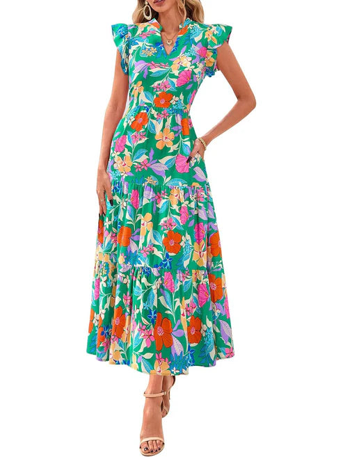 Women's Boho Casual Print V Neck Ruffle Maxi Dress