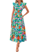 Women's Boho Casual Print V Neck Ruffle Maxi Dress