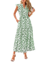 Women's Boho Casual Print V Neck Ruffle Maxi Dress