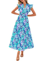 Women's Boho Casual Print V Neck Ruffle Maxi Dress