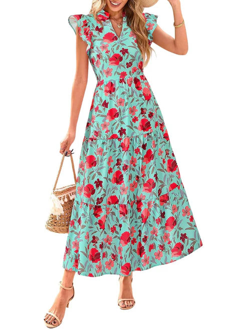 Women's Boho Casual Print V Neck Ruffle Maxi Dress