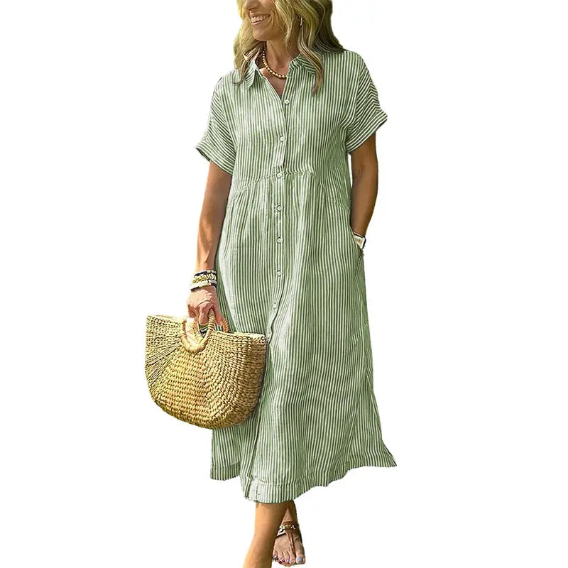 Women's Loose Striped Shirt Dress with Pockets & Bohemian Side Slit