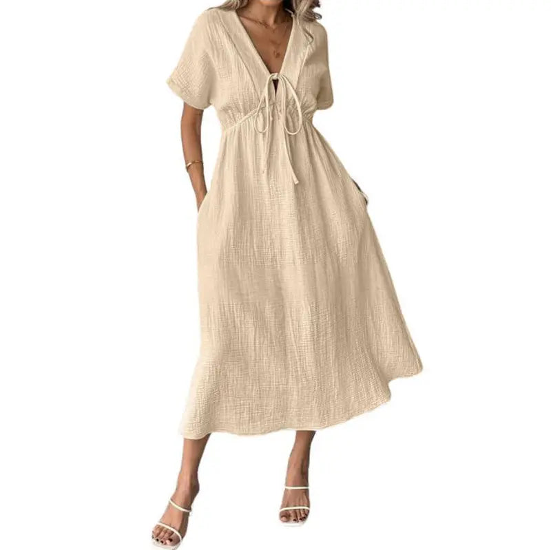 Women's Summer Solid V-Neck Cotton Dress