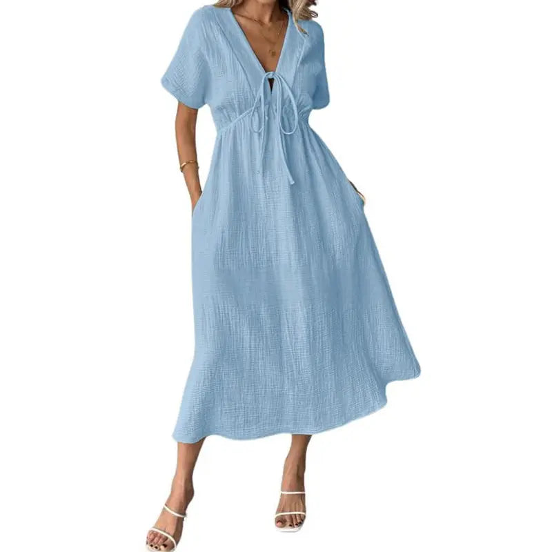 Women's Summer Solid V-Neck Cotton Dress