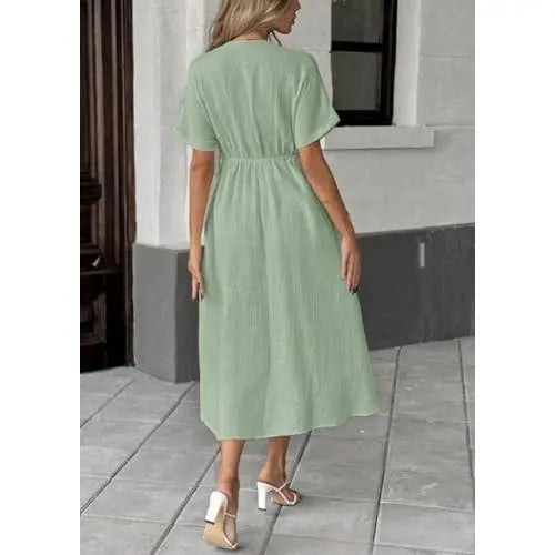 Women's Summer Solid V-Neck Cotton Dress
