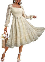 Women's Boho Long Sleeve Square Neck Floral Midi Dress