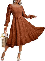 Women's Boho Long Sleeve Square Neck Floral Midi Dress