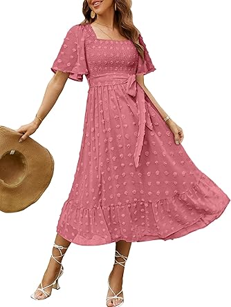 Women's Boho Long Sleeve Square Neck Floral Midi Dress
