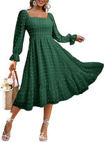 Women's Boho Long Sleeve Square Neck Floral Midi Dress