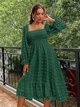 Women's Boho Long Sleeve Square Neck Floral Midi Dress
