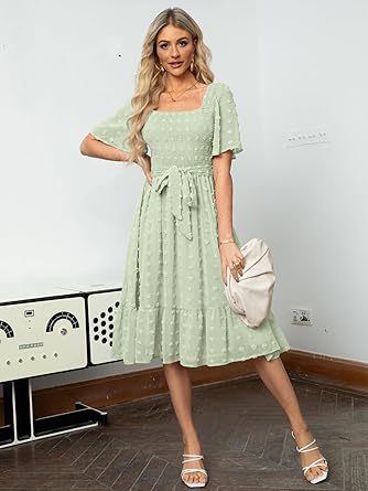 Women's Boho Long Sleeve Square Neck Floral Midi Dress