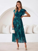 Women's Simple Floral V-Neck Short Sleeve Maxi Dress