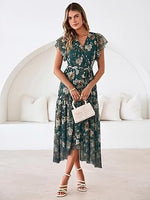 Women's Simple Floral V-Neck Short Sleeve Maxi Dress