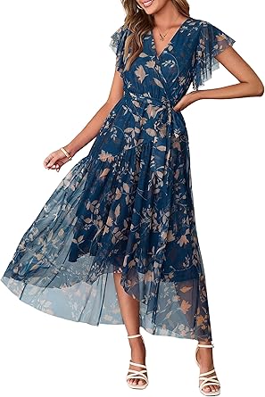 Women's Simple Floral V-Neck Short Sleeve Maxi Dress