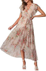 Women's Simple Floral V-Neck Short Sleeve Maxi Dress