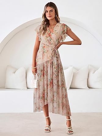 Women's Simple Floral V-Neck Short Sleeve Maxi Dress