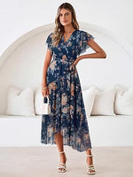 Women's Simple Floral V-Neck Short Sleeve Maxi Dress