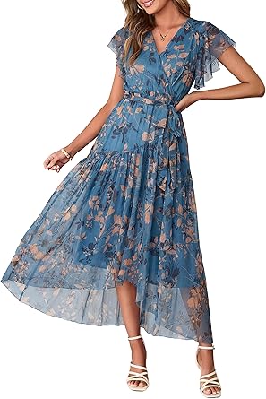 Women's Simple Floral V-Neck Short Sleeve Maxi Dress