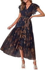 Women's Simple Floral V-Neck Short Sleeve Maxi Dress