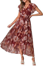 Women's Simple Floral V-Neck Short Sleeve Maxi Dress