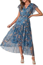 Women's Simple Floral V-Neck Short Sleeve Maxi Dress