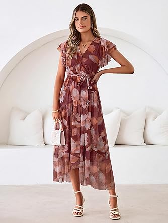 Women's Simple Floral V-Neck Short Sleeve Maxi Dress