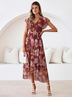 Women's Simple Floral V-Neck Short Sleeve Maxi Dress