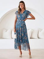 Women's Simple Floral V-Neck Short Sleeve Maxi Dress