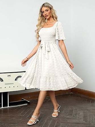 Women's Boho Flowy Long Sleeve Square Neck Floral Midi Dress