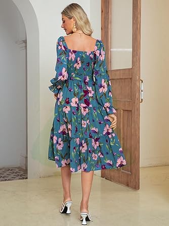 Women's Boho Flowy Long Sleeve Square Neck Floral Midi Dress