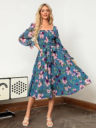 Women's Boho Flowy Long Sleeve Square Neck Floral Midi Dress
