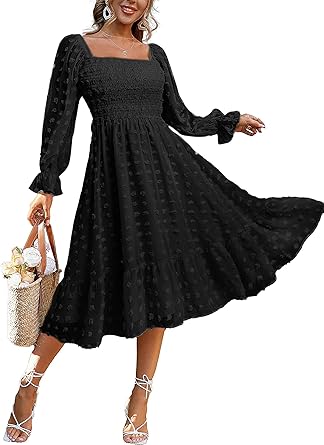 Women's Boho Flowy Long Sleeve Square Neck Floral Midi Dress