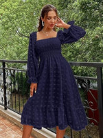 Women's Boho Flowy Long Sleeve Square Neck Floral Midi Dress