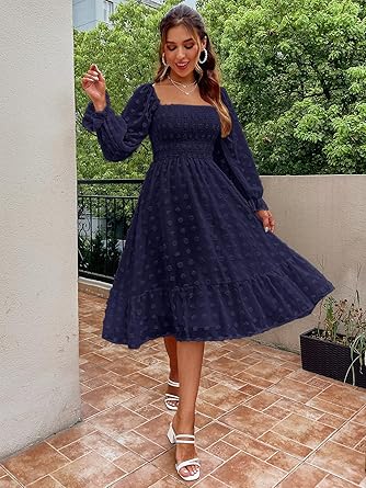 Women's Boho Flowy Long Sleeve Square Neck Floral Midi Dress