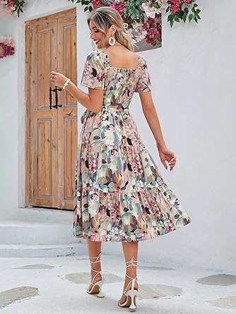 Women's Boho Flowy Long Sleeve Square Neck Floral Midi Dress