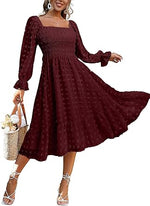 Women's Boho Flowy Long Sleeve Square Neck Floral Midi Dress