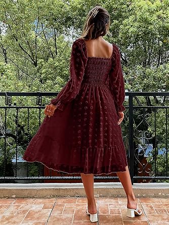 Women's Boho Flowy Long Sleeve Square Neck Floral Midi Dress