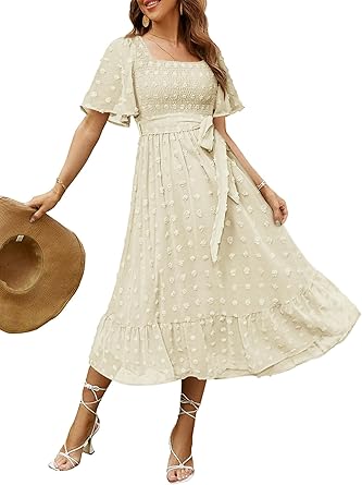 Women's Boho Flowy Long Sleeve Square Neck Floral Midi Dress