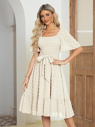 Women's Boho Flowy Long Sleeve Square Neck Floral Midi Dress