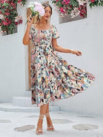 Women's Boho Flowy Long Sleeve Square Neck Floral Midi Dress