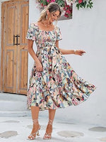 Women's Boho Flowy Long Sleeve Square Neck Floral Midi Dress