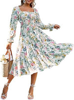 Women's Boho Flowy Long Sleeve Square Neck Floral Midi Dress